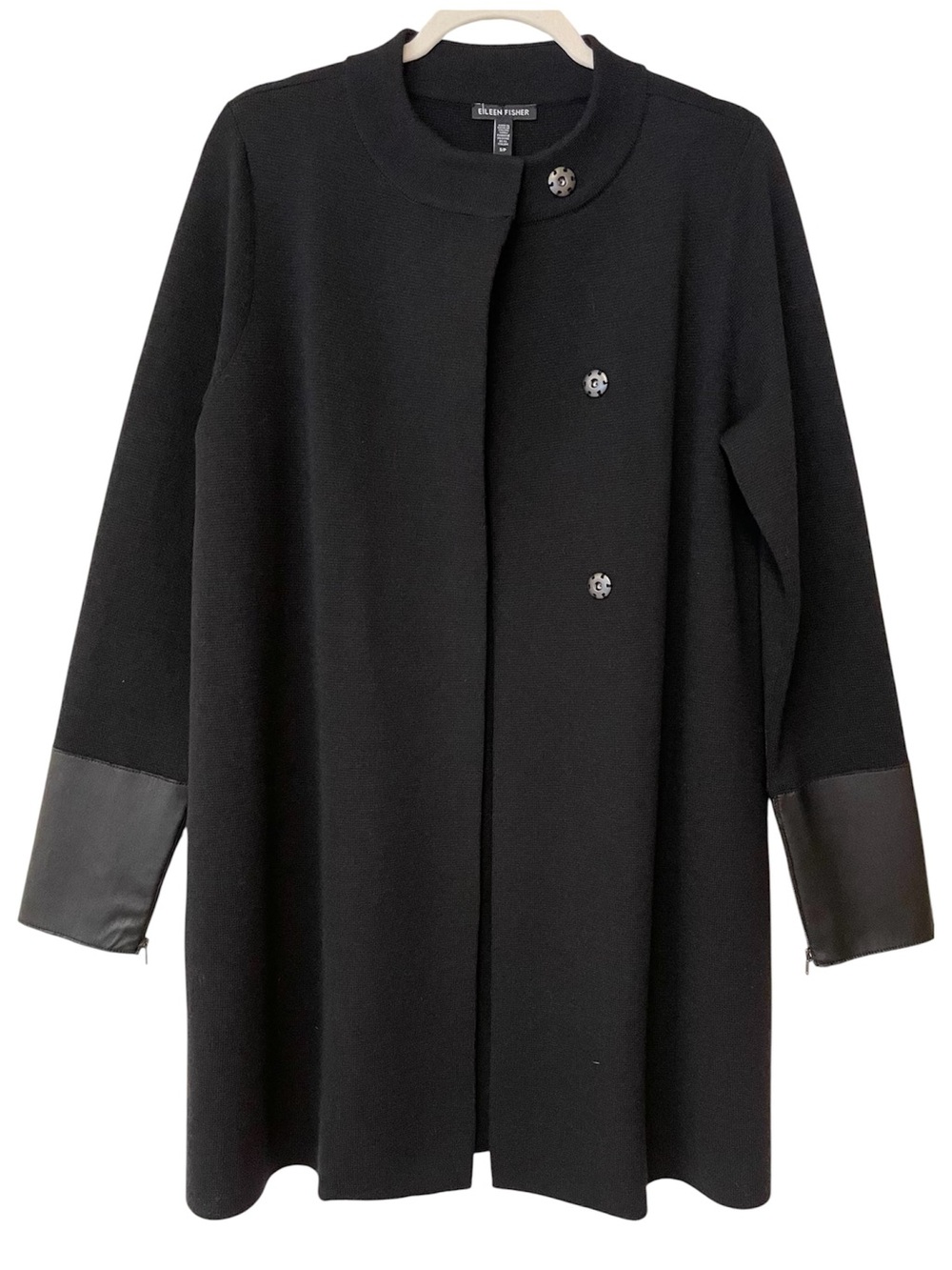 Eileen Fisher Long Black Jacket 100% Wool with Leather Cuffs Minimalist Luxury S